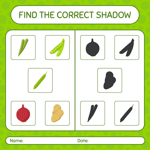 Find the correct shadows game with vegetables. worksheet for preschool kids, kids activity sheet