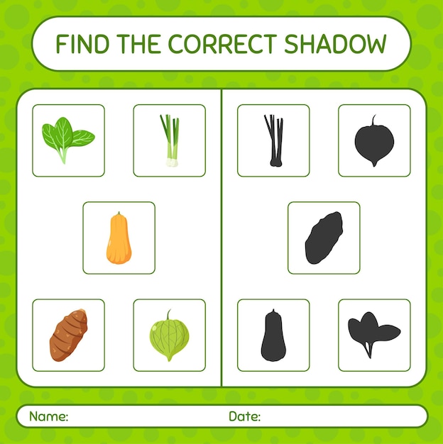 Find the correct shadows game with vegetables. worksheet for preschool kids, kids activity sheet