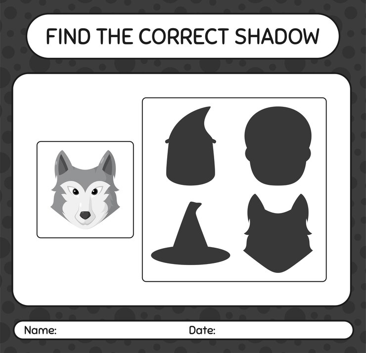 Vector find the correct shadows game with wolf. worksheet for preschool kids, kids activity sheet