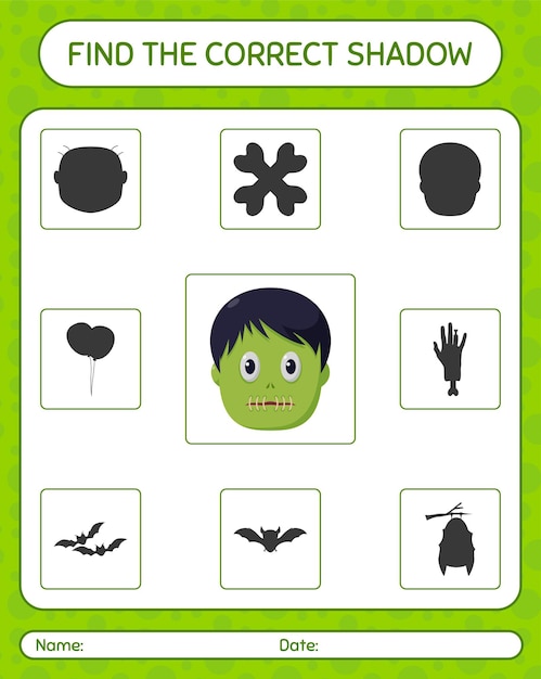 Find the correct shadows game with zombie. worksheet for preschool kids, kids activity sheet