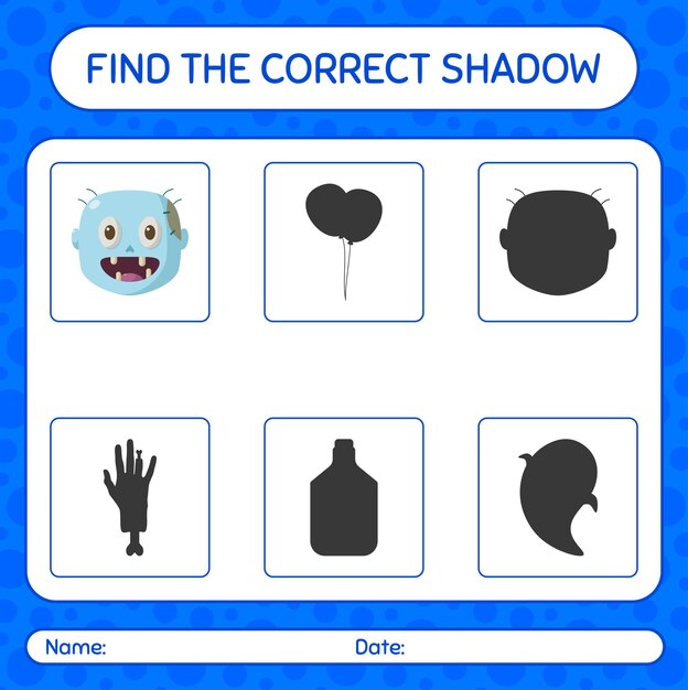 Найди правильную игру теней с зомби. рабочий лист для дошкольников, детский лист активности