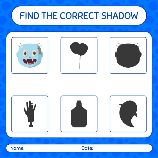 ゾンビと一緒に正しい影のゲームを見つけてください。就学前の子供のためのワークシート、子供の活動シート