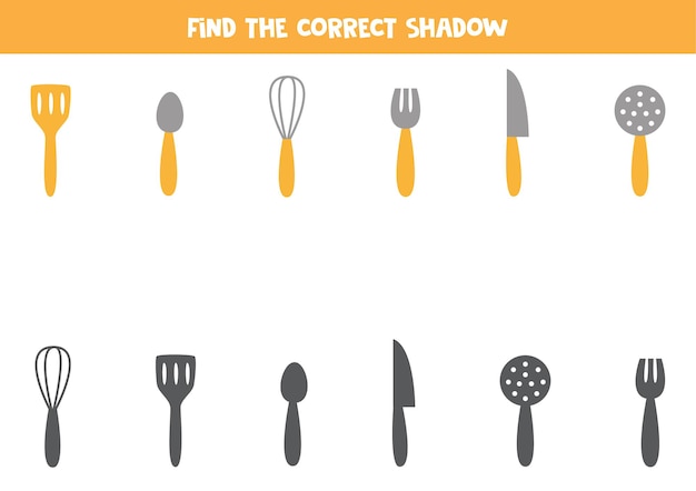 Vector find the correct shadows of kitchen cutlery. logical game for preschool kids.