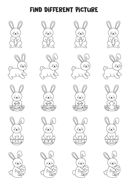 Find cute Easter bunny is different from others Black and white worksheet for kids