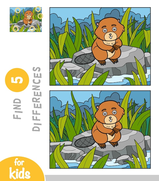 Trova le differenze gioco educativo per bambini beaver si siede su una pietra vicino al fiume