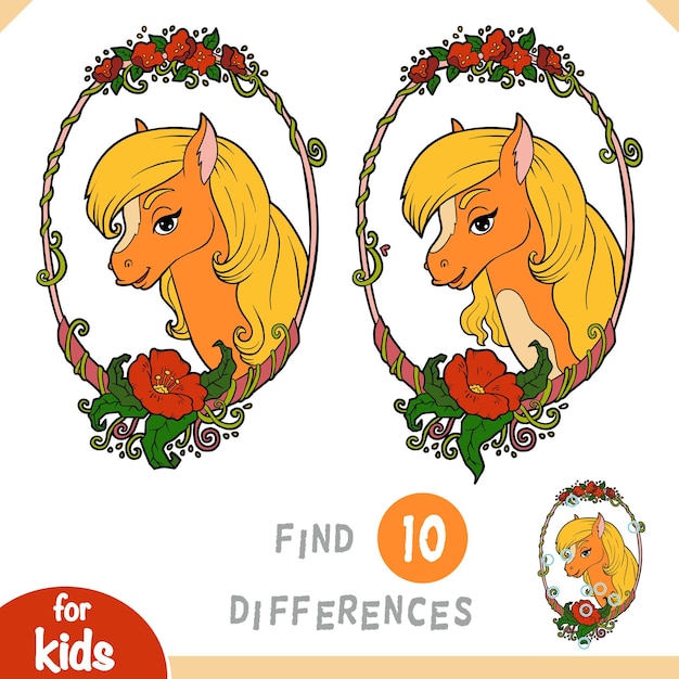 Find differences education game for children cute horse in a floral frame