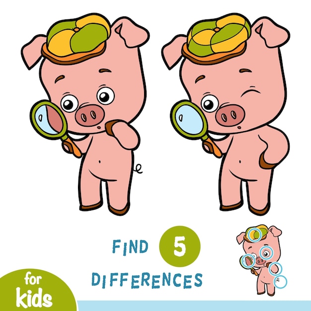 Find differences, education game for children, pig and magnifier