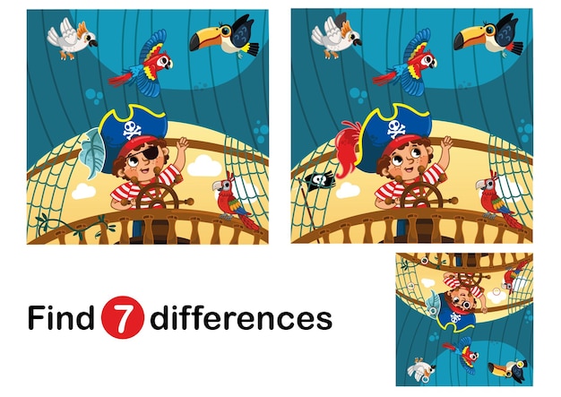 Trova le differenze gioco educativo per bambini ragazzo pirata nella nave illustrazione vettoriale