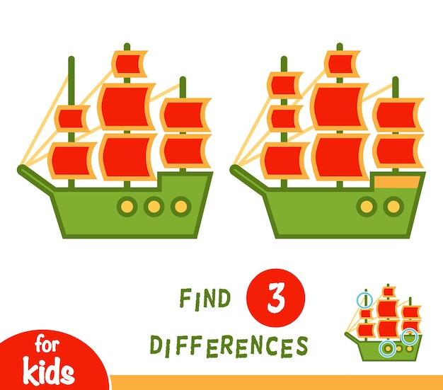 Find differences, education game for children, sailing ship