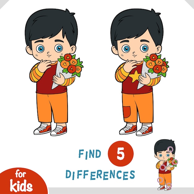 Find differences, educational game for children, boy and a bouquet of flowers