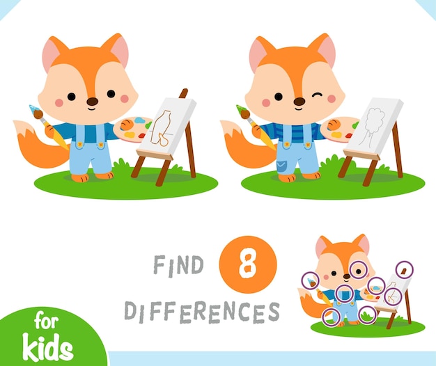 Find differences educational game for children, cartoon character fox artist