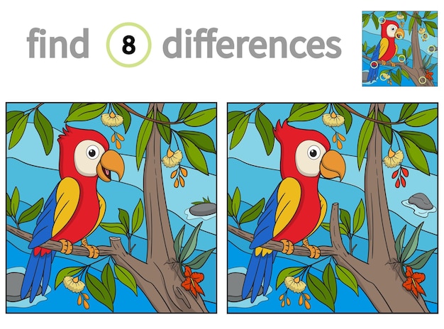 Find differences educational game for children vector illustration of cute parrot on forest background