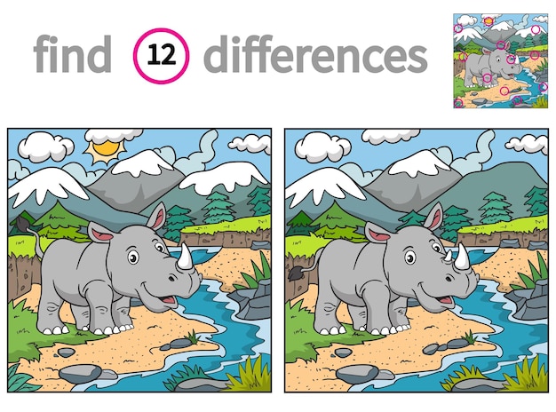 Найди отличия образовательная игра для детей векторная иллюстрация носорога в реке