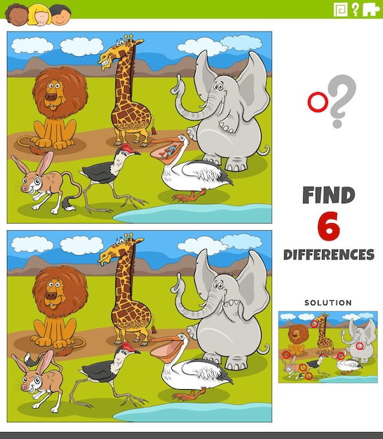 Find the differences educational game with cartoon animal characters group