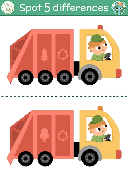 Trova le differenze gioco per bambini attività educativa ecologica con simpatico camion della spazzatura puzzle della giornata della terra per bambini consapevolezza ecologica o foglio di lavoro stampabile a zero rifiuti con rifiuti carxa