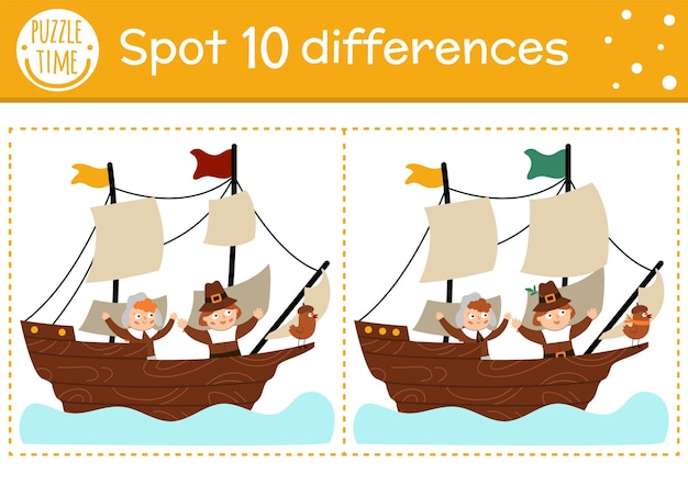 Find differences game for children Thanksgiving educational activity with pilgrims sailing on a ship Printable worksheet Autumn historical holiday puzzle for kids Fall preschool sheetxA