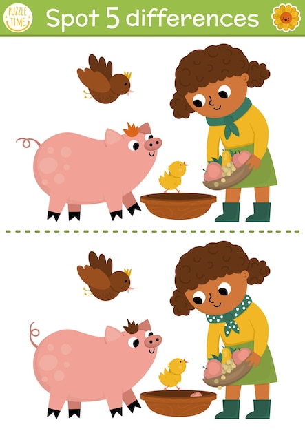 Вектор Игра «найди отличия» для детей. образовательная деятельность на ферме с милой девушкой-фермером, кормящей свинью ферма-головоломка для детей с забавным персонажем. сельская деревня. лист для печати или страницаxa
