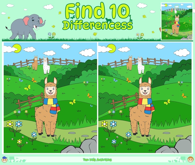 Find Differences game for kids cartoon alpaca young green