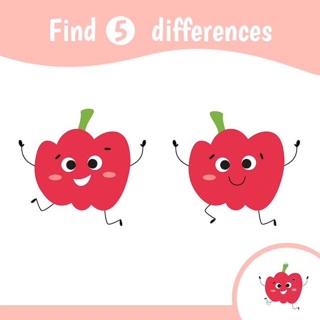 아이들을 위한 차이점 찾기 어린이를 위한 교육 게임 얼굴이 있는 귀여운 재미있는 야채의 만화 벡터 그림 후추