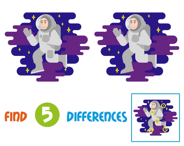 Find differences logic education game for children. Young smile cute cosmonaut astronaut in spacesuit which fly in free between stars cosmic clouds. Flying conquest man into space. Illustration.