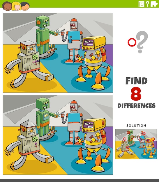 find the differences between pictures game with cartoon robots fantasy characters