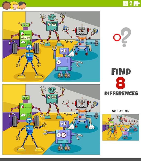 Find the differences between pictures task with cartoon robots characters