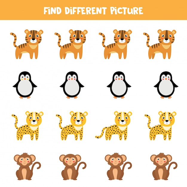 Найдите разных животных в каждом ряду. милый мультфильм обезьяна, тигр, леопард, пингвин.