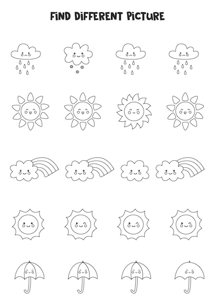 각 행에서 다른 흑백 날씨 사진을 찾으십시오. 미취학 아동을 위한 논리 게임.