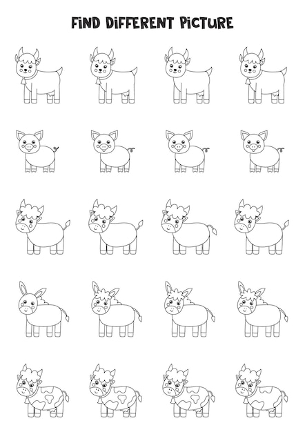 Find different black and white farm animals in each row. logical game for preschool kids.