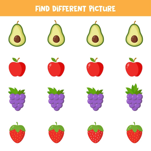 Find different cartoon fruit or berry in each row. Logical game for preschool kids.