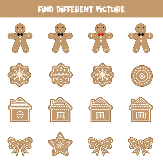 Vector find different picture of gingerbread cookies. logical game for kids.
