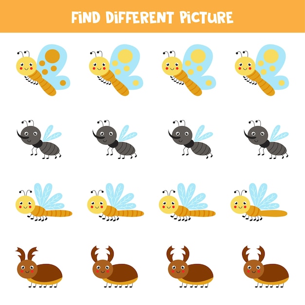 Найдите разные изображения насекомых. развивающая логическая игра для детей.