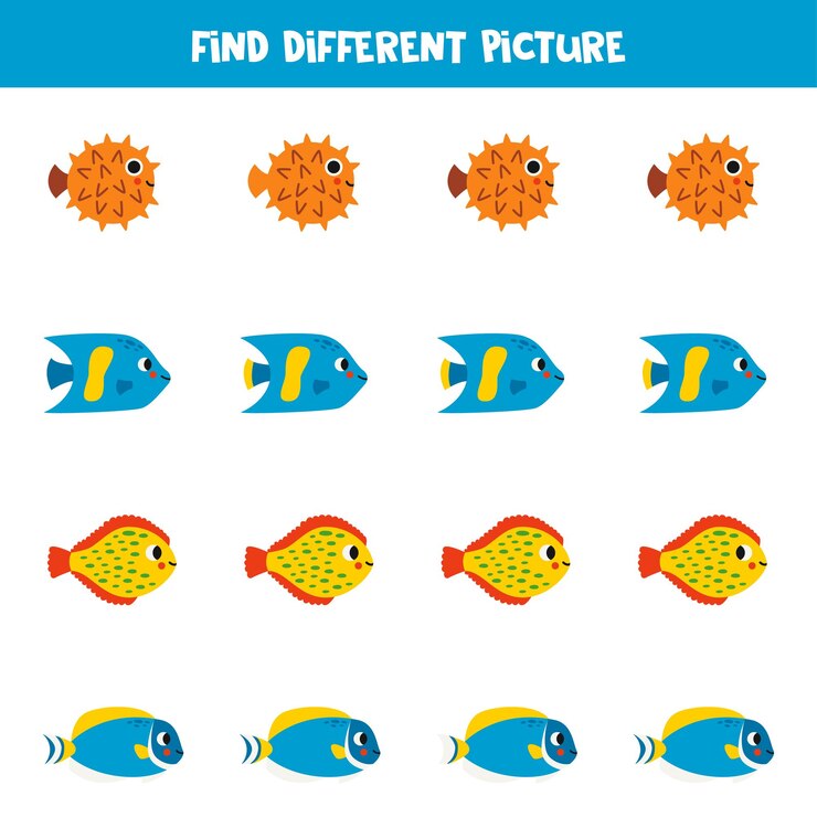 Vector find different sea fish in each row logical game for preschool kids