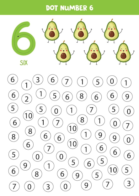 Vector find and dot number six learning number 6 with cute avocados educational worksheet