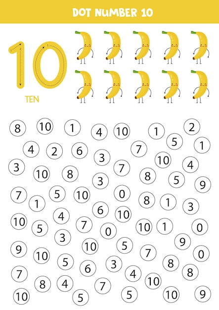 Vector find and dot number ten learning number 10 with cute bananas educational worksheet