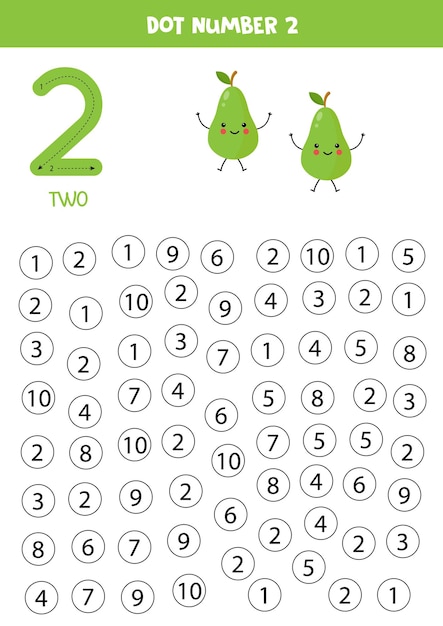 Vector find and dot number two learning number 2 with cute green pears educational worksheet