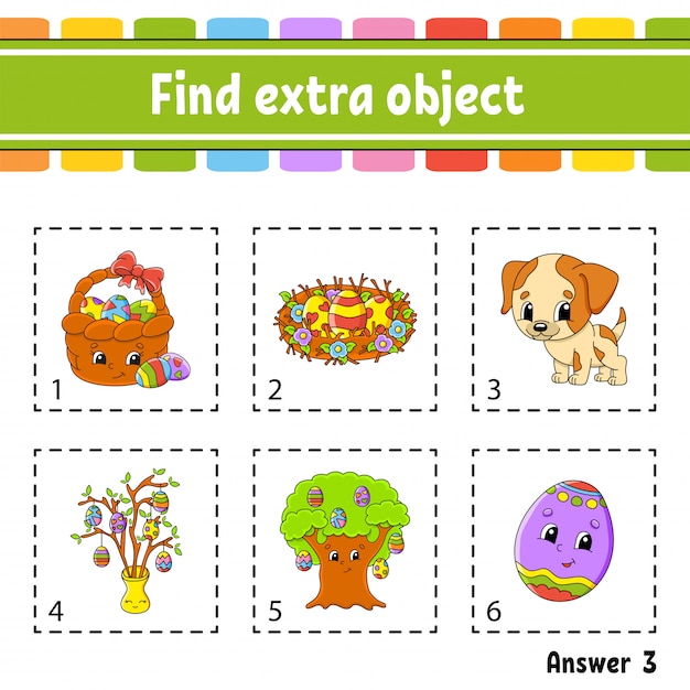 余分なオブジェクトを見つけます。子供と幼児向けの教育活動ワークシート。子供向けのゲーム。