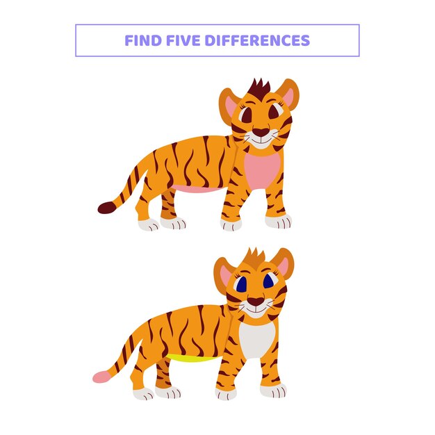 Find five differences between cartoon tigers Educational game for kids