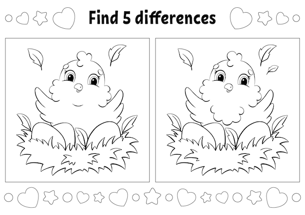 Find five differences Easter theme Coloring page for kids Activity worksheet for children