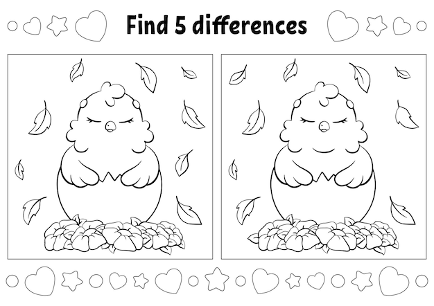 Find five differences Easter theme Coloring page for kids Activity worksheet for children