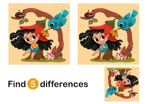 Find Five Differences Game in Cute Forest Elf Theme. Vector Illustration.