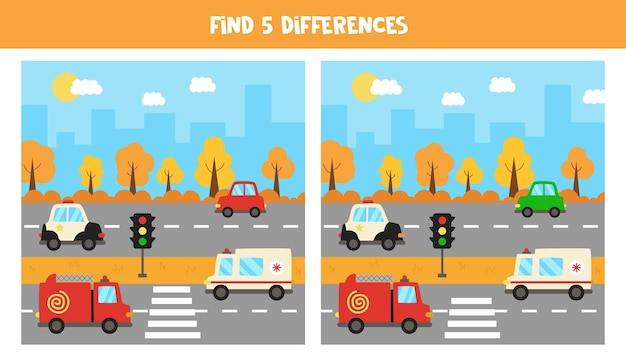 교통과 함께 도시 풍경의 그림 사이의 다섯 가지 차이를 찾으십시오