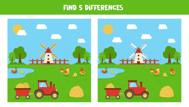 Vector find five differences between pictures farmland landscape with animals