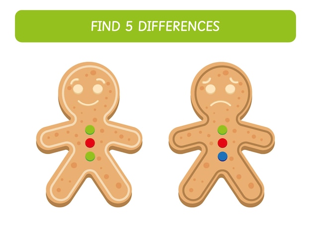 Find five differences between two gingerbread man. Christmas worksheet for kids. Educational game