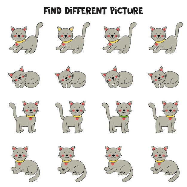 Найди серого кота, который отличается от других. Лист для детей.