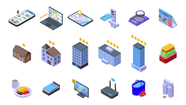 Find hotel icons set isometric vector Online reservation