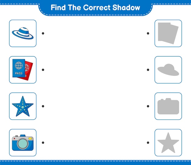 Find and match the correct shadow of Hat Passport Camera and Starfish