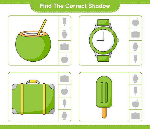 Find and match the correct shadow of luggage ice cream coconut and watches