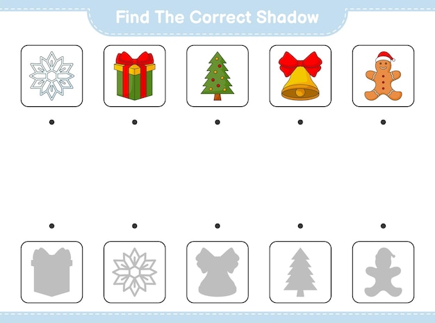 Найдите и сопоставьте правильную тень Рождественского колокольчика Снежинки в подарочной коробке и Пряничного человечка.