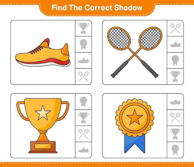 Найдите и сопоставьте правильную тень трофейных кроссовок и ракеток для бадминтона.